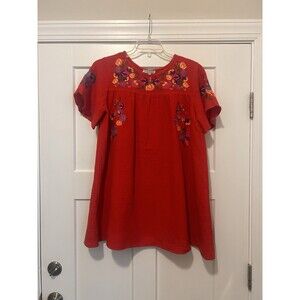 See And Be Seen Red Floral Mini Embroidered Swing Dress Boho Size Medium Pockets
